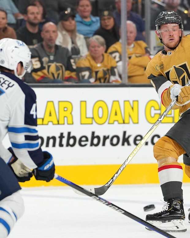 Oct 20, 2022; Las Vegas, Nevada, USA; Vegas Golden Knights center Jack Eichel (9) makes a pass against the Winnipeg Jets during the second period at T-Mobile Arena. Mandatory Credit: Stephen R. Sylvanie-USA TODAY Sports